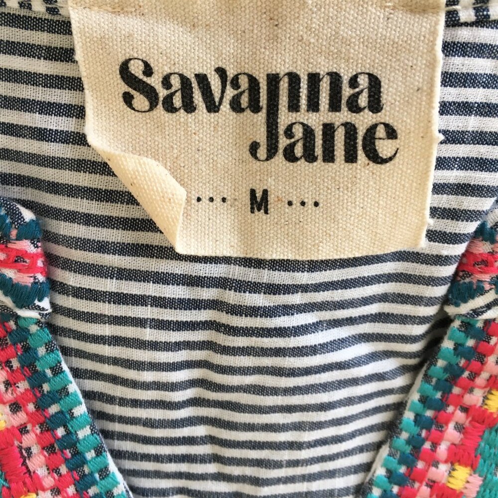 SAVANNAH JANE Striped Multicolor Floral Embroidery 3/4 Sleeve Shirt - Picture 2 of 10